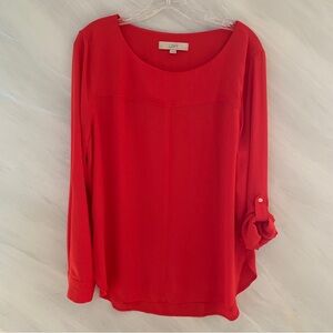 Ann Taylor Loft L Orangish Red Crew Neck Roll Tab Sleeve Blouse